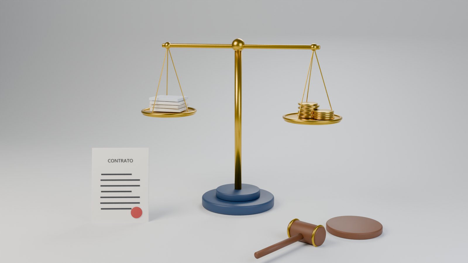 Balança da justiça pesando os autos do processo e as moedas da multa, com o contrato e o martelo ao lado